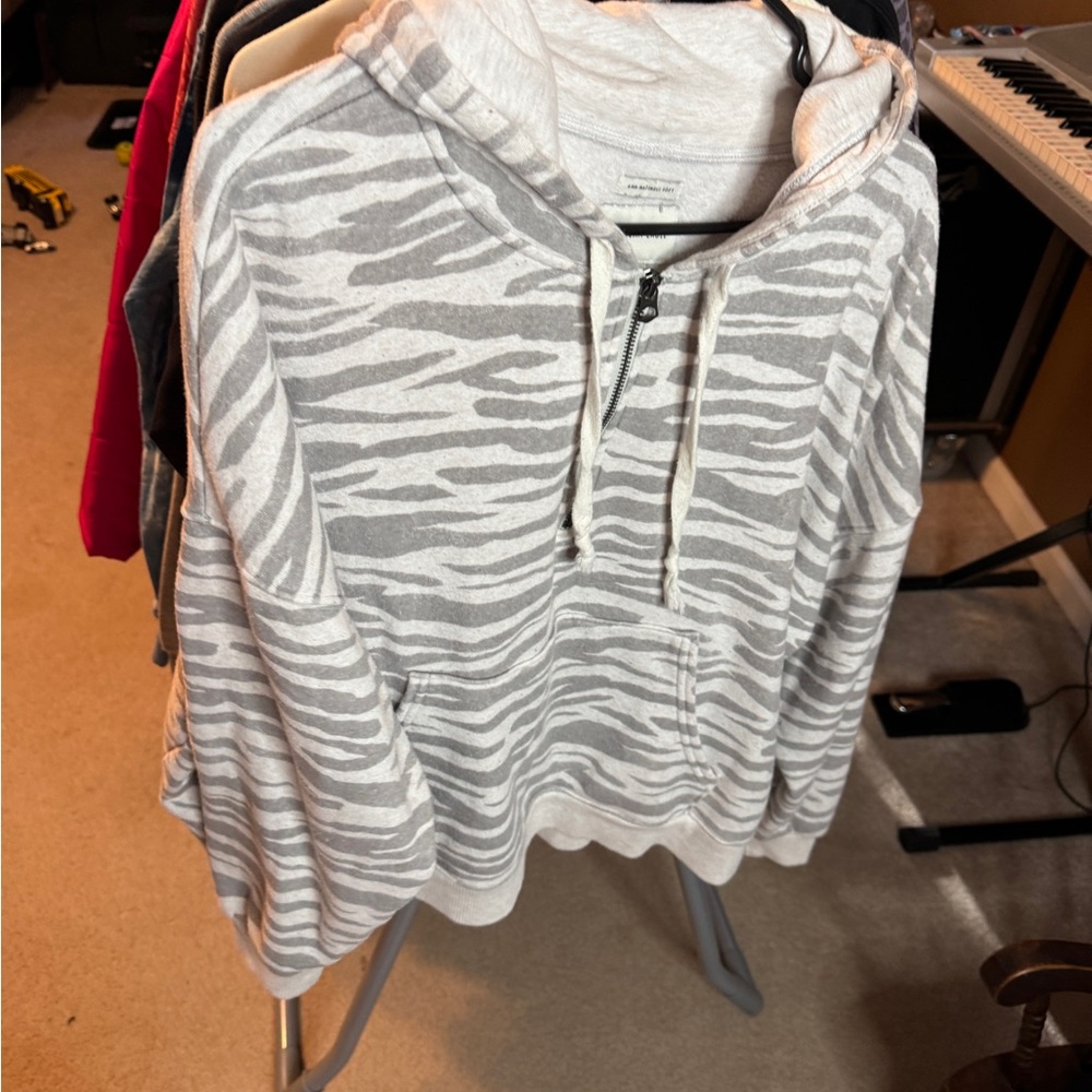 American Eagle Gray and White Striped Hoodie